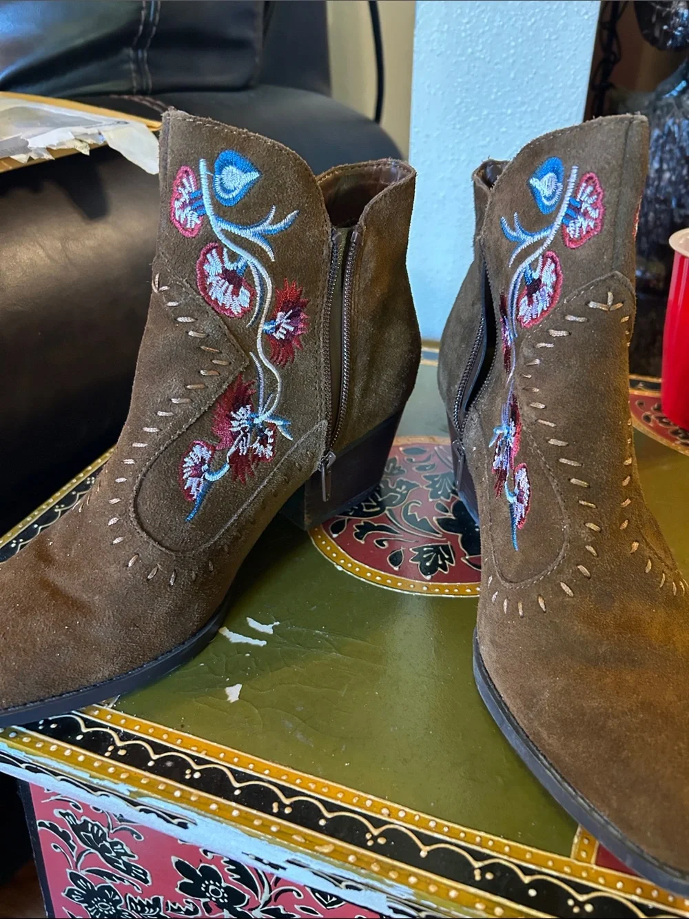 Embroidered Brown Suede Ankle Booties - Women's